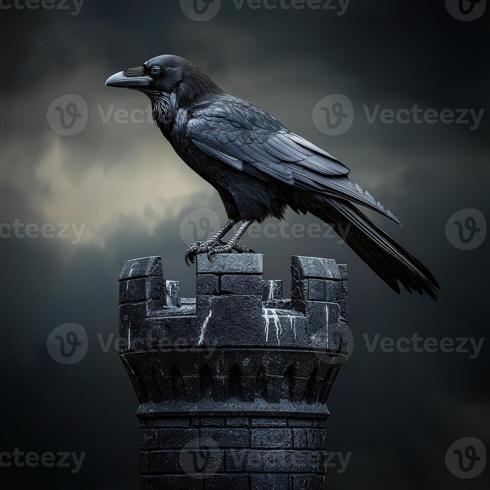 A raven sits on top of a castle tower photo