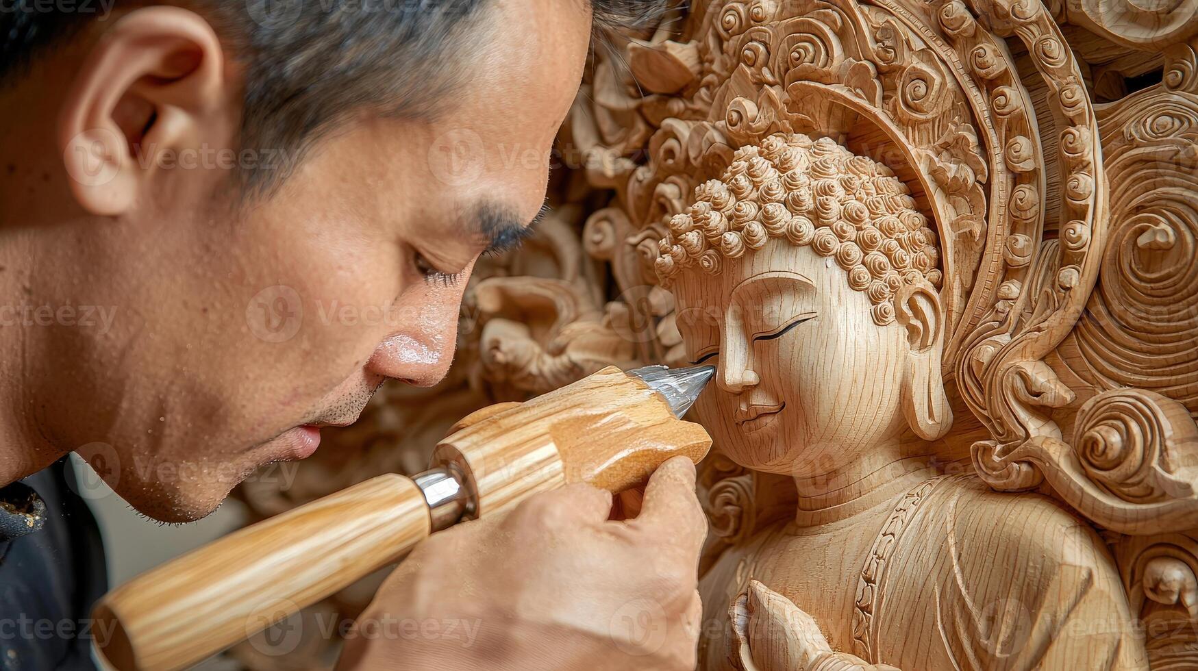 A man is carving a buddha on a wooden wall photo