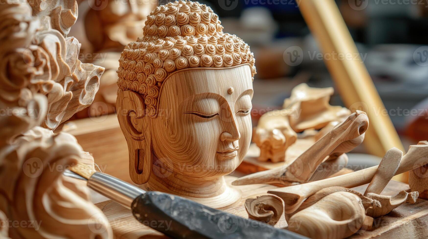 A close up of a buddha statue with a carving tool photo