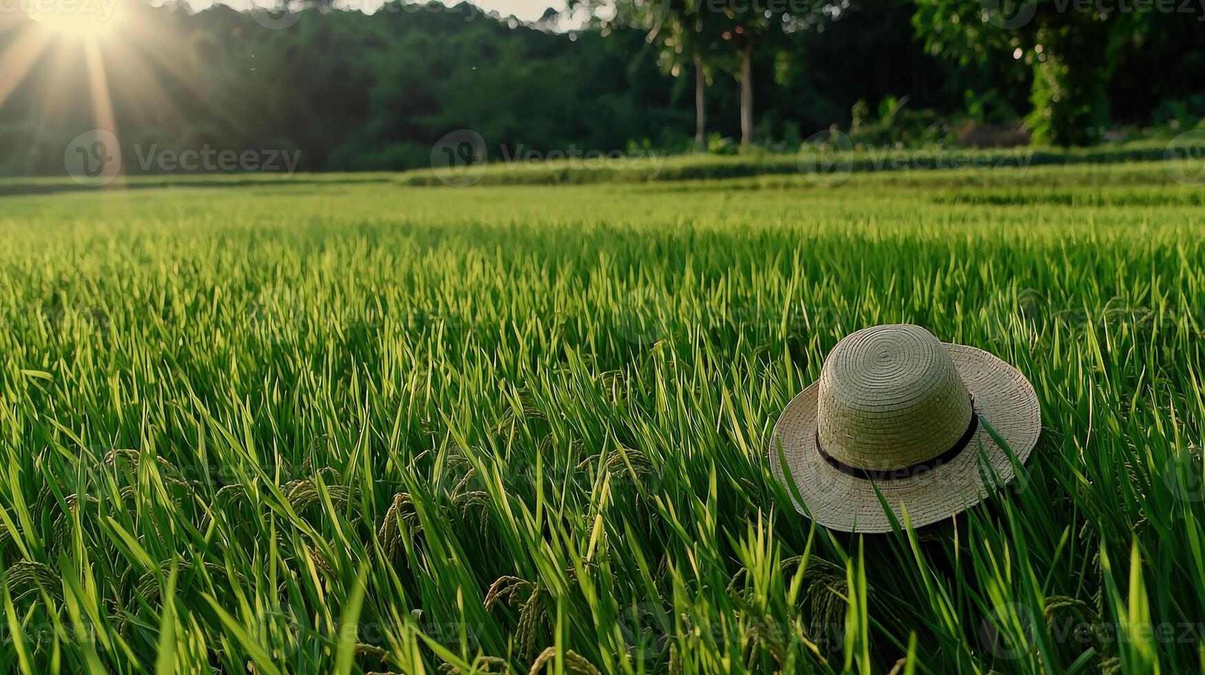 A hat is sitting in a green field photo