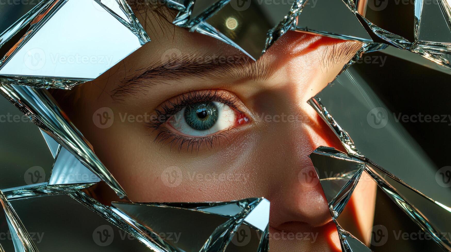 A woman's face is reflected in a broken mirror photo