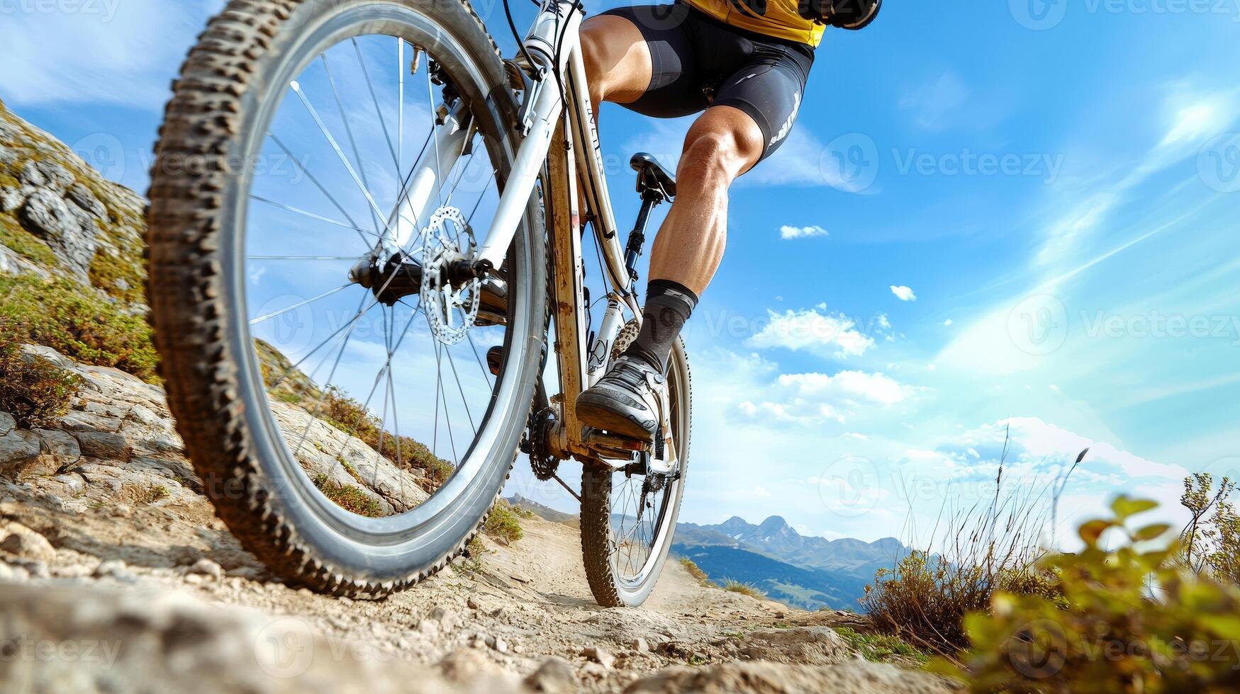 A man riding a mountain bike on a rocky trail photo