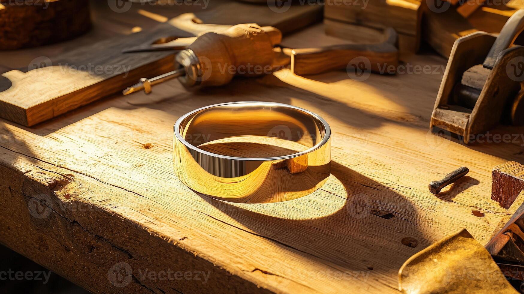A ring sits on a table with other tools photo