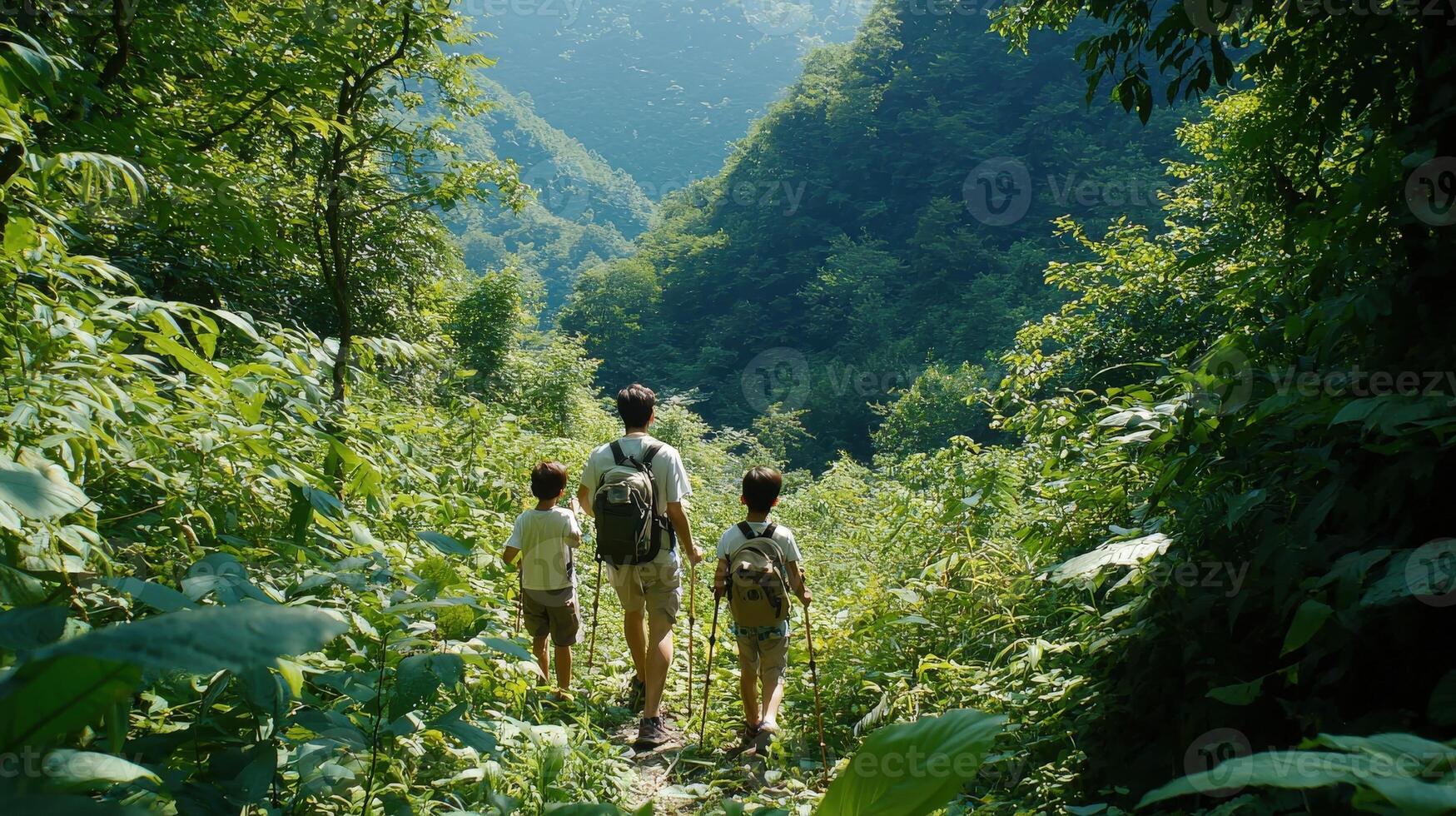 Three people walking through the jungle photo