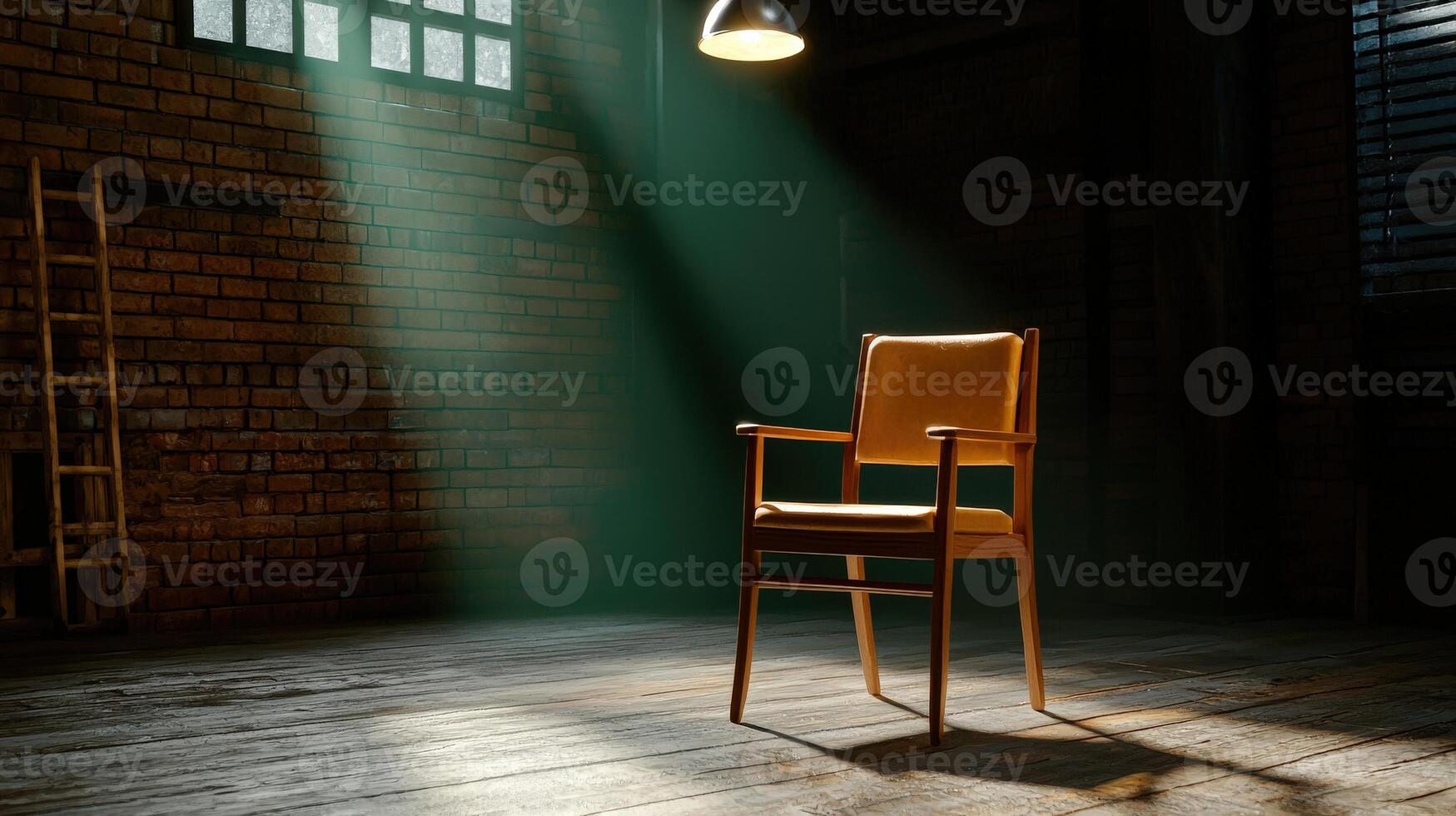 A chair in an empty room with a light shining on it photo