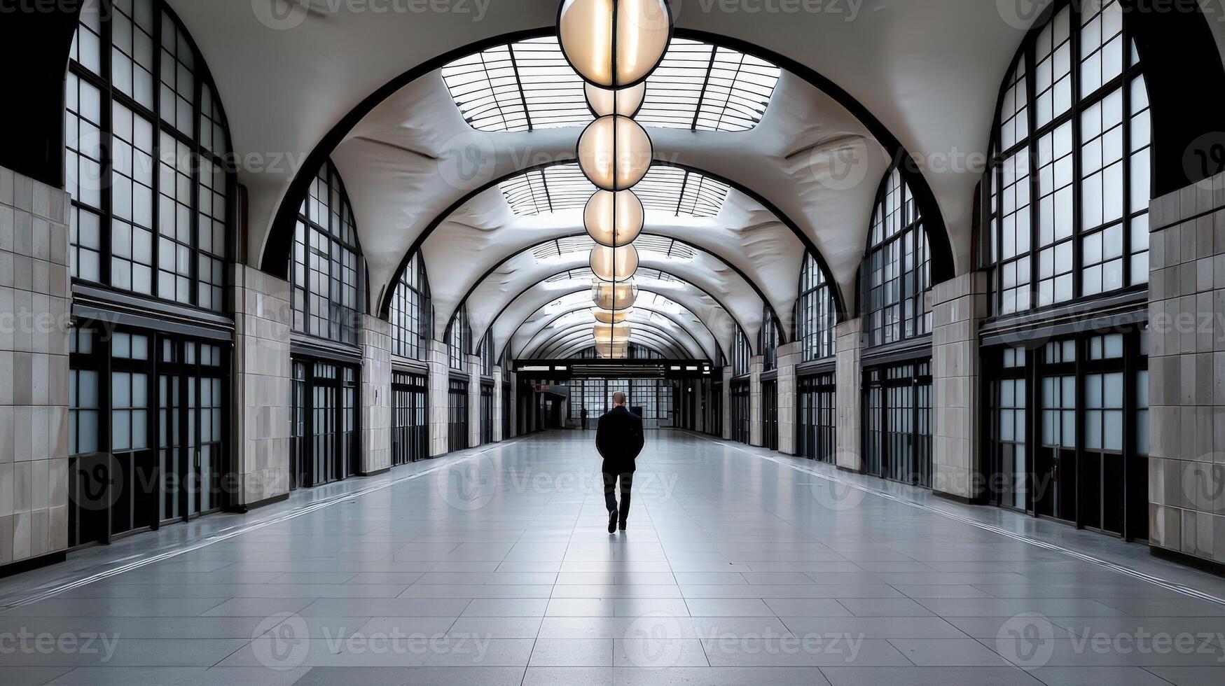 A person walking through a long hallway with lots of windows photo