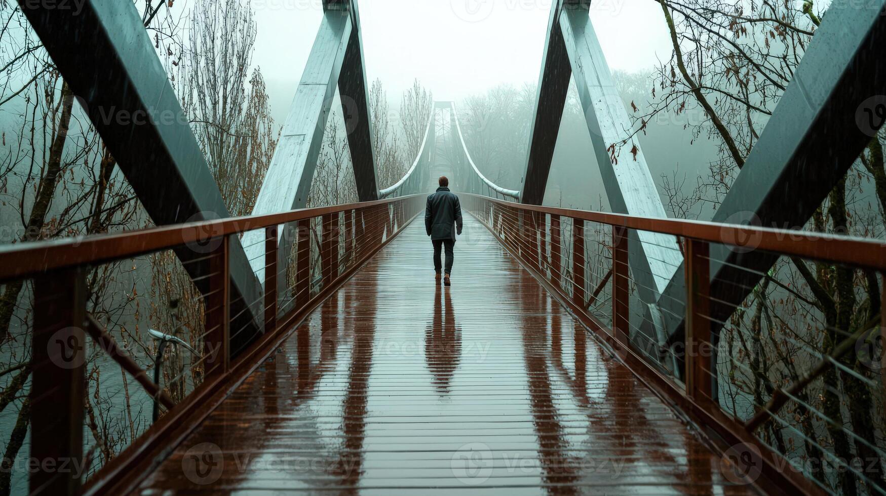 A person walking across a bridge in the rain photo