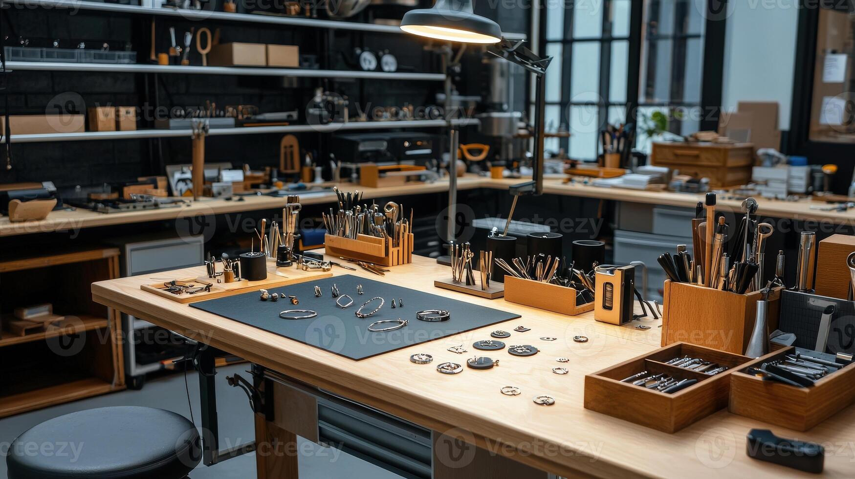 A work area with tools and other items photo