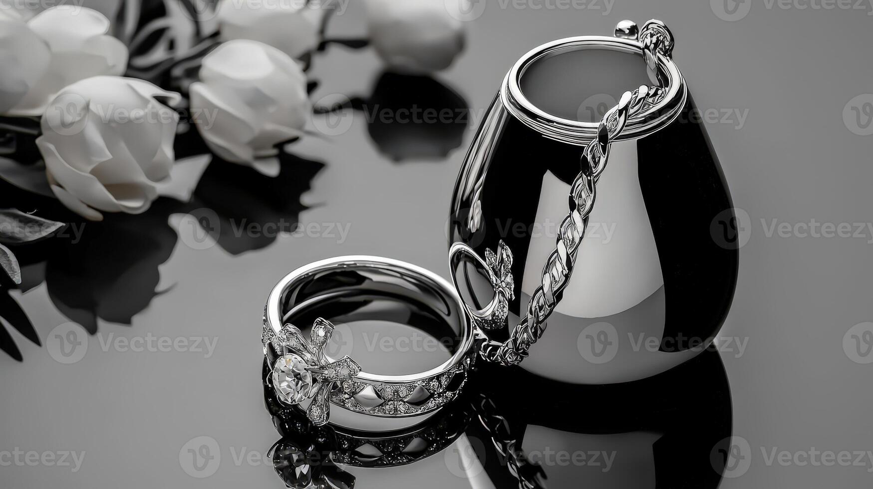 A silver vase with two rings and a flower photo