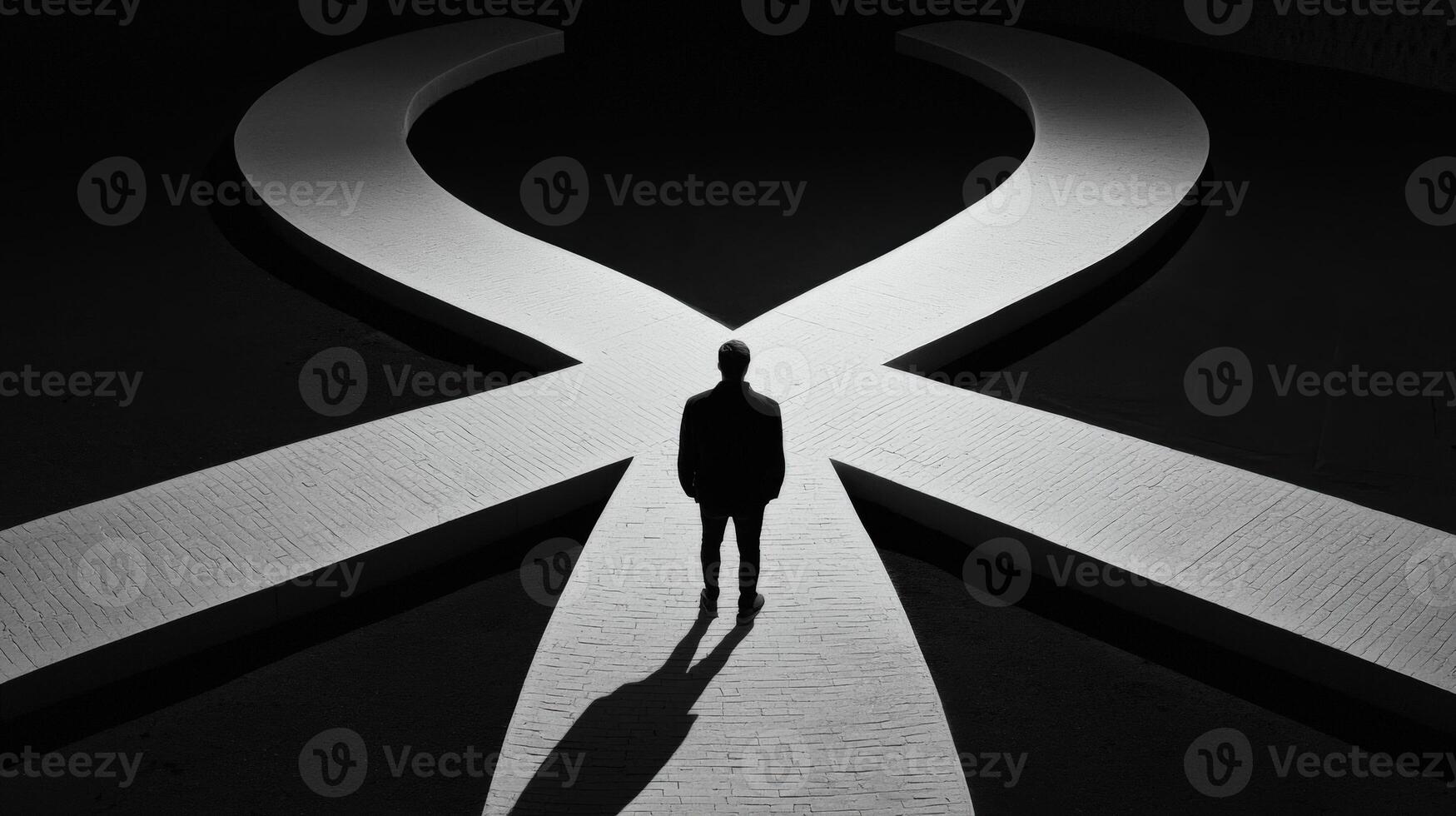 A person standing in front of a large white symbol photo