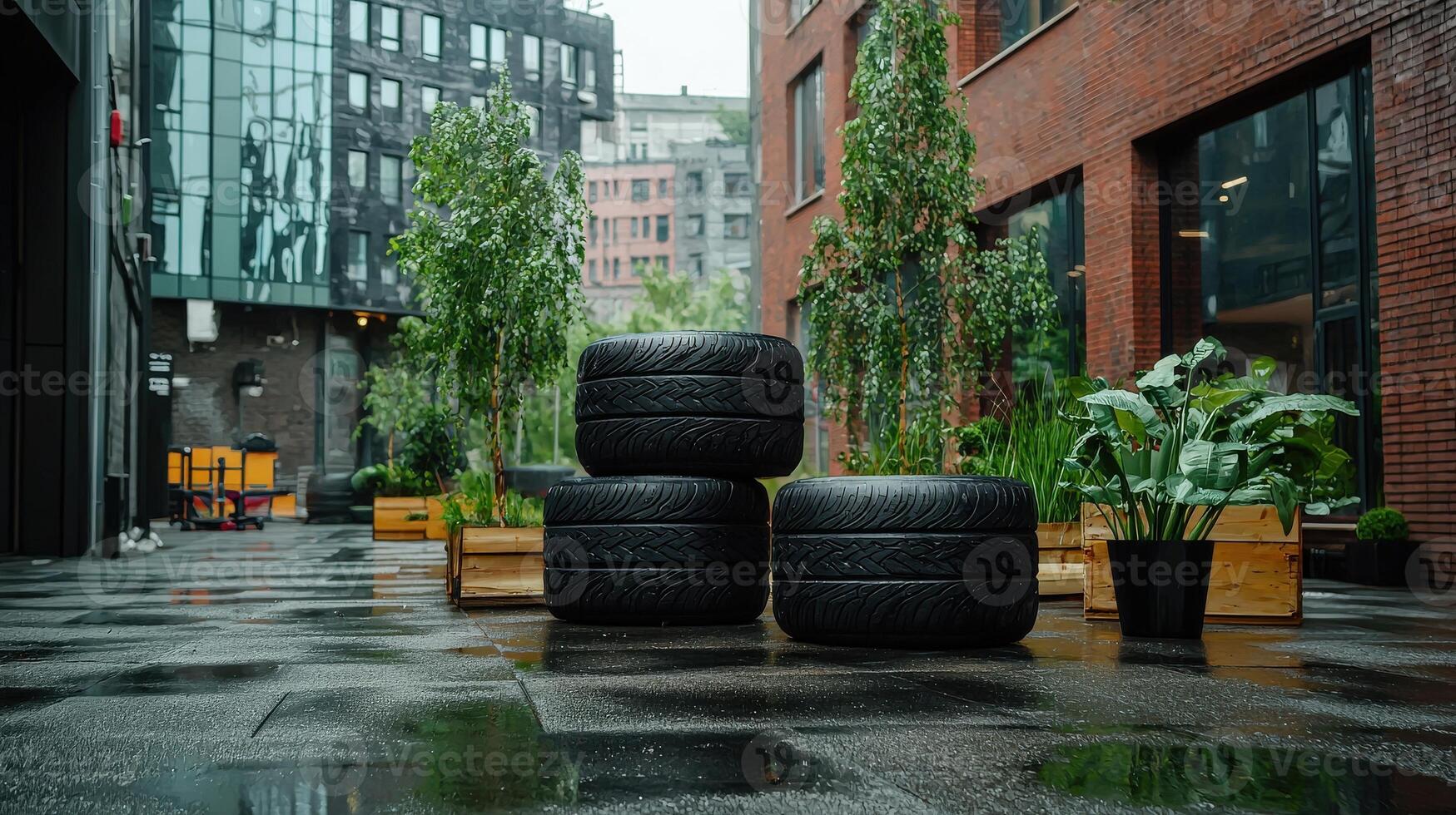 A group of tires sitting on the ground in a city photo