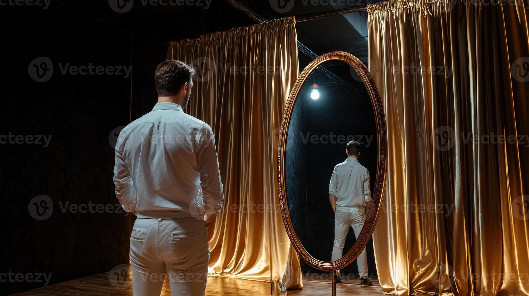 A man standing in front of a mirror looking at himself photo