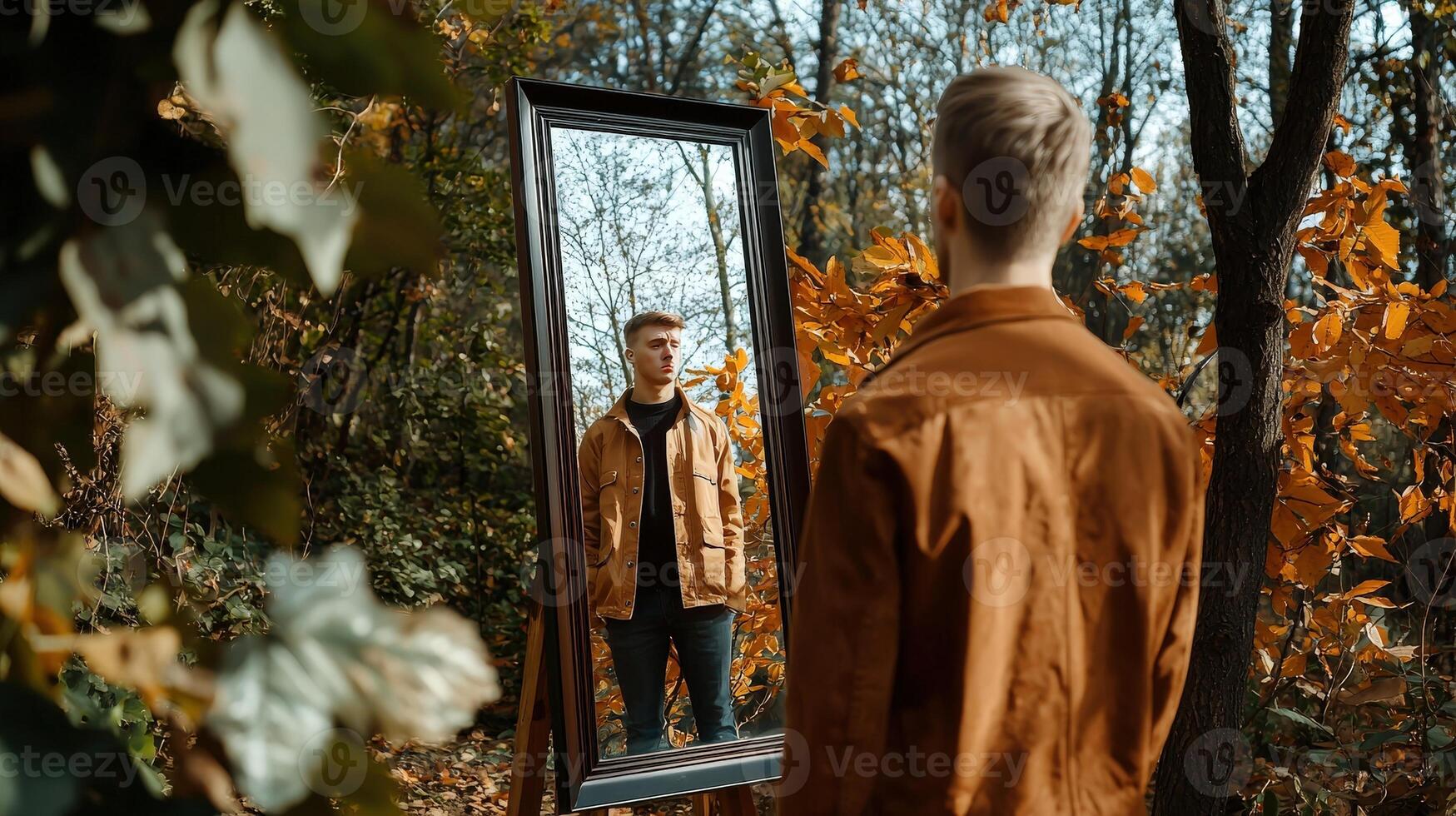 A man is looking at himself in a mirror photo