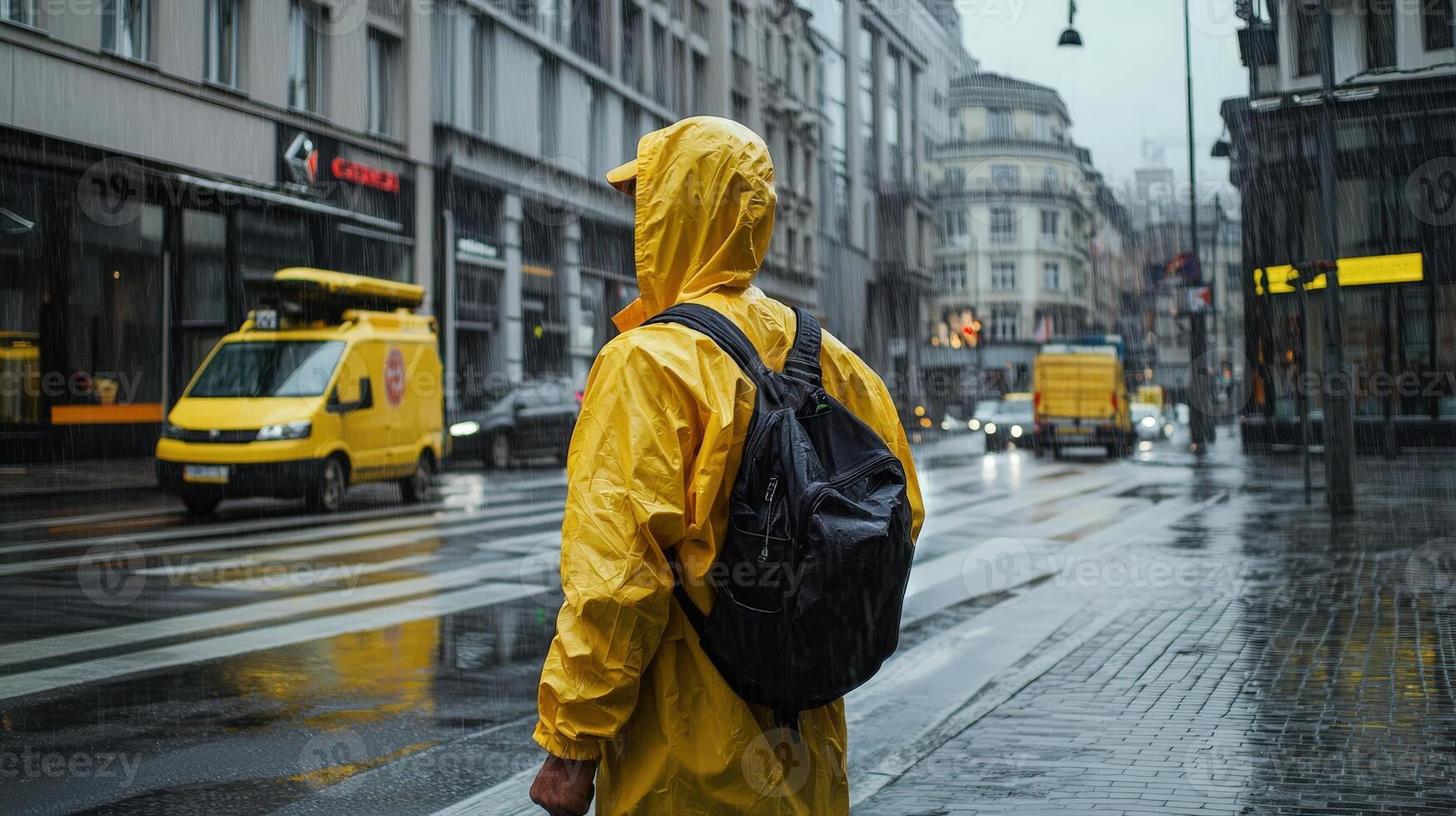 A person in a yellow raincoat standing on a wet street photo