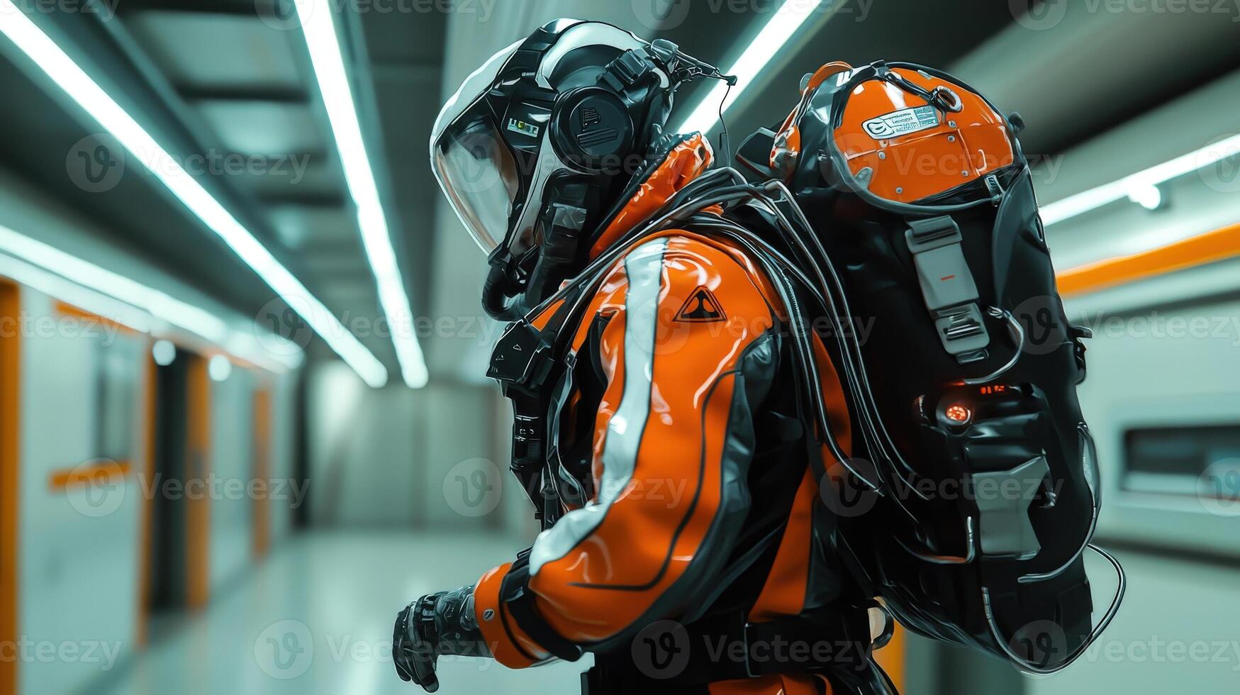 A man in an orange and black suit with a backpack photo