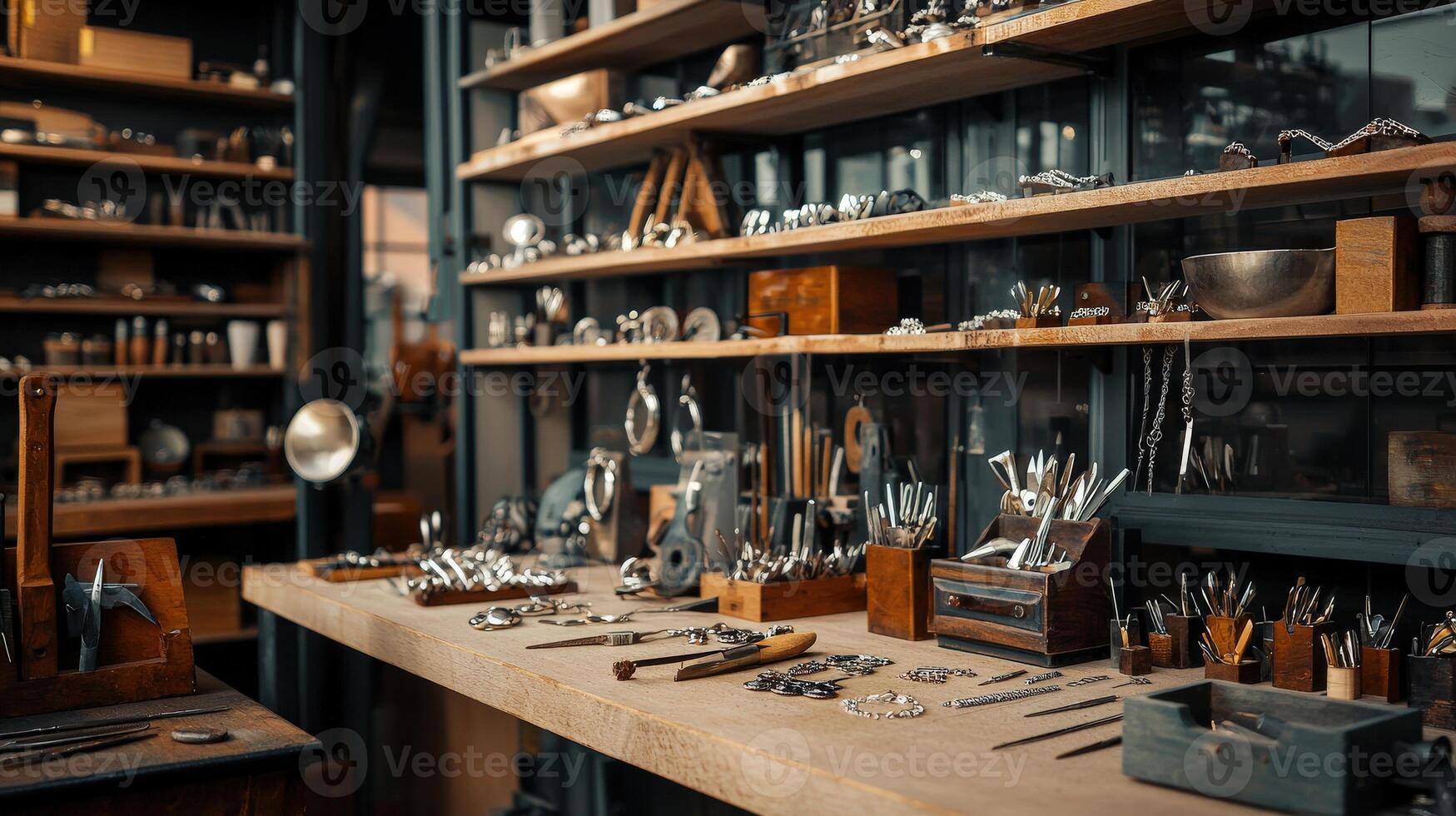 A shop with many tools and utensils on shelves photo