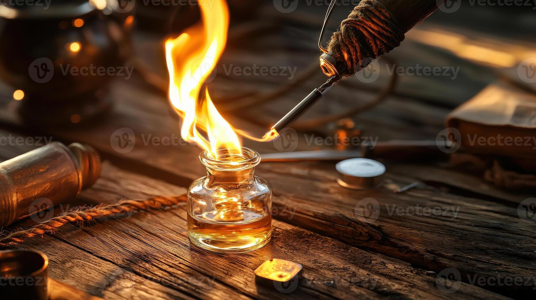 A bottle of oil is lit on fire photo