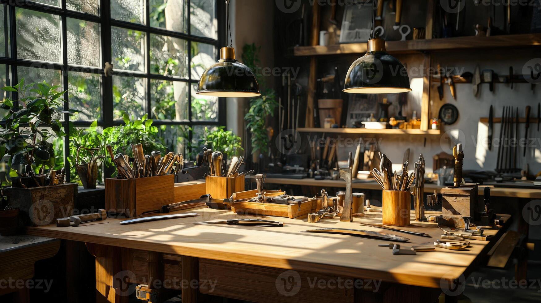 A workbench with tools and a lamp in a room photo