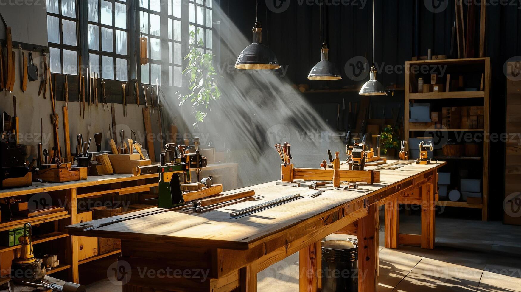 A woodworking shop with lots of tools and wood photo