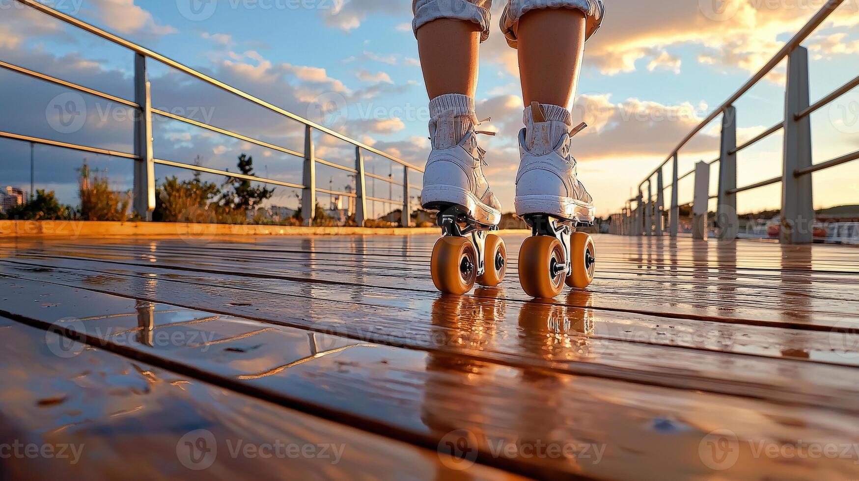 A person is standing on roller skates on a wooden boardwalk photo
