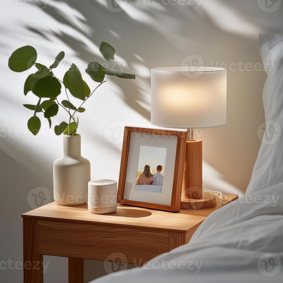 A bedside table with a lamp, a picture frame and a plant photo