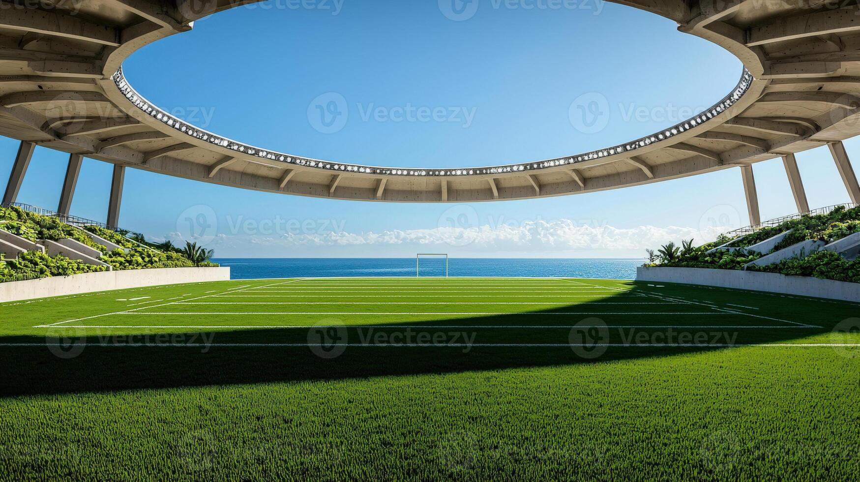 A large circular stadium with grass and a view of the ocean photo
