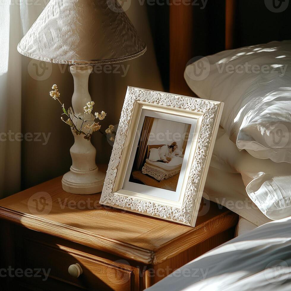 A picture frame on a nightstand next to a lamp photo