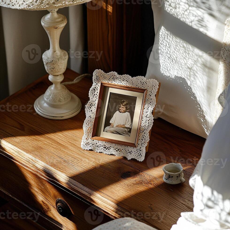 A picture frame on a table next to a lamp photo