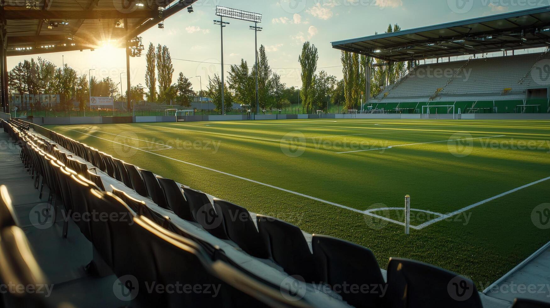 A soccer field with empty seats and a sun setting photo