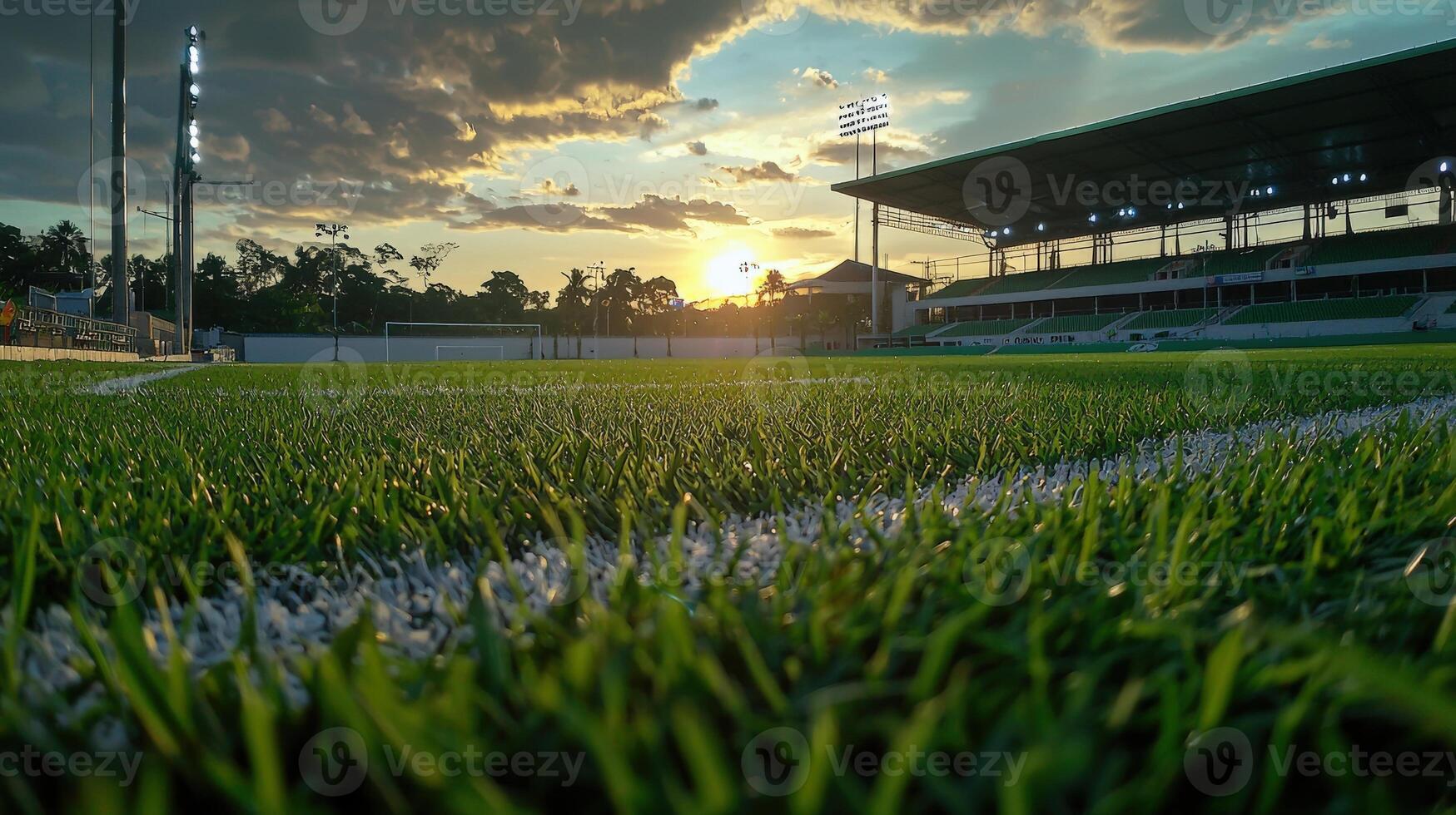 A soccer field with grass and lights at sunset photo