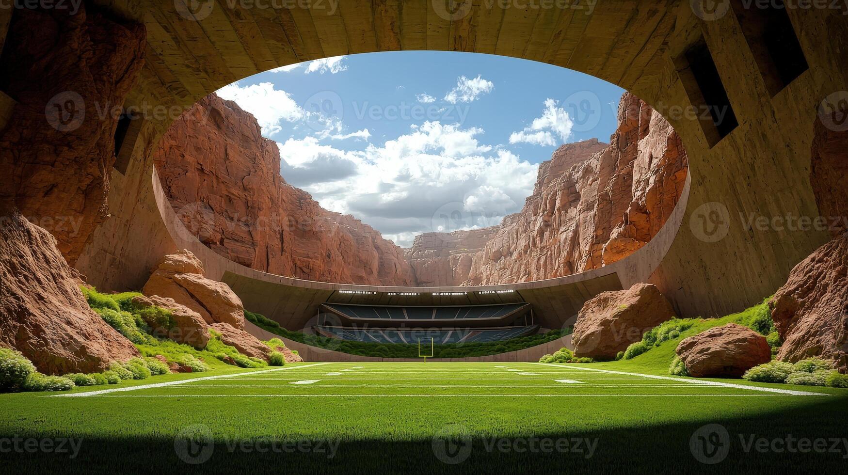 A football field inside a tunnel with a green field photo