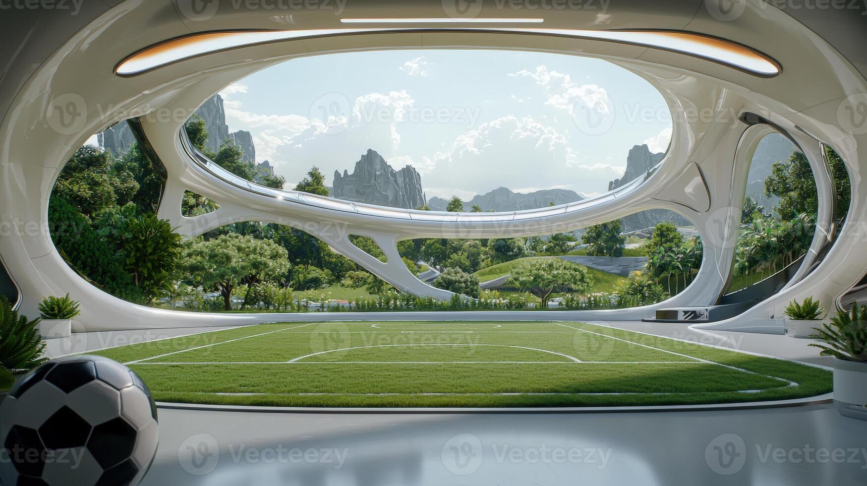 A futuristic soccer field with a ball in the middle photo