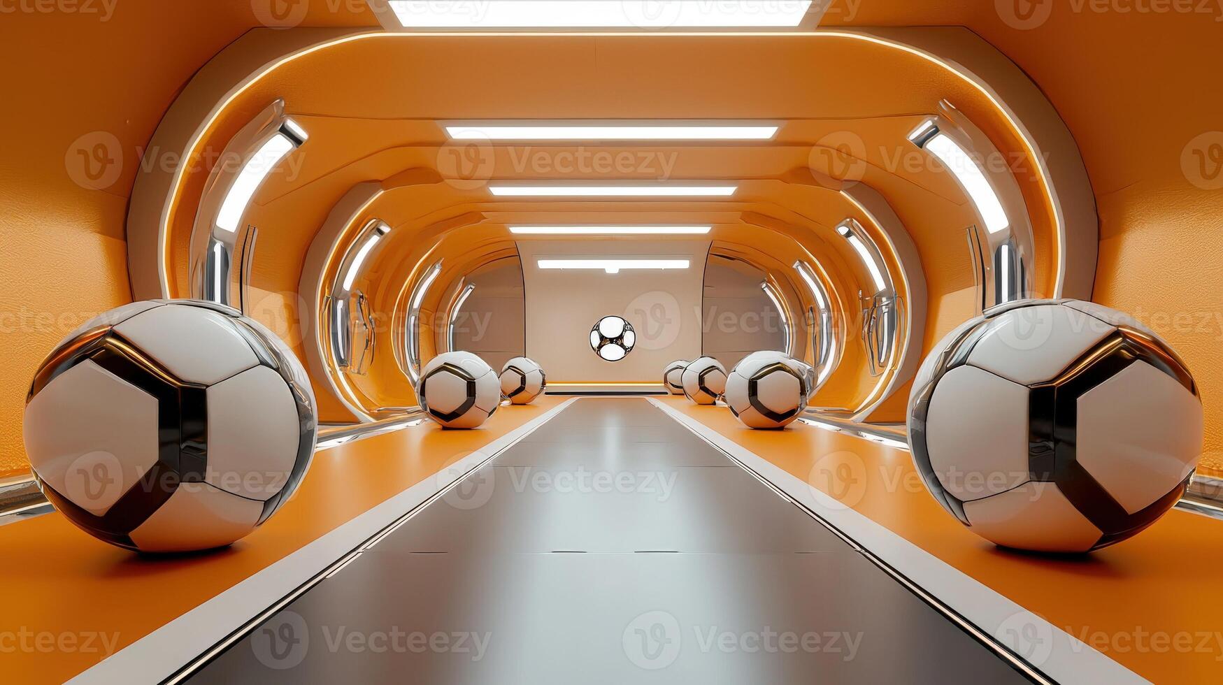 A futuristic tunnel with soccer balls on the floor photo