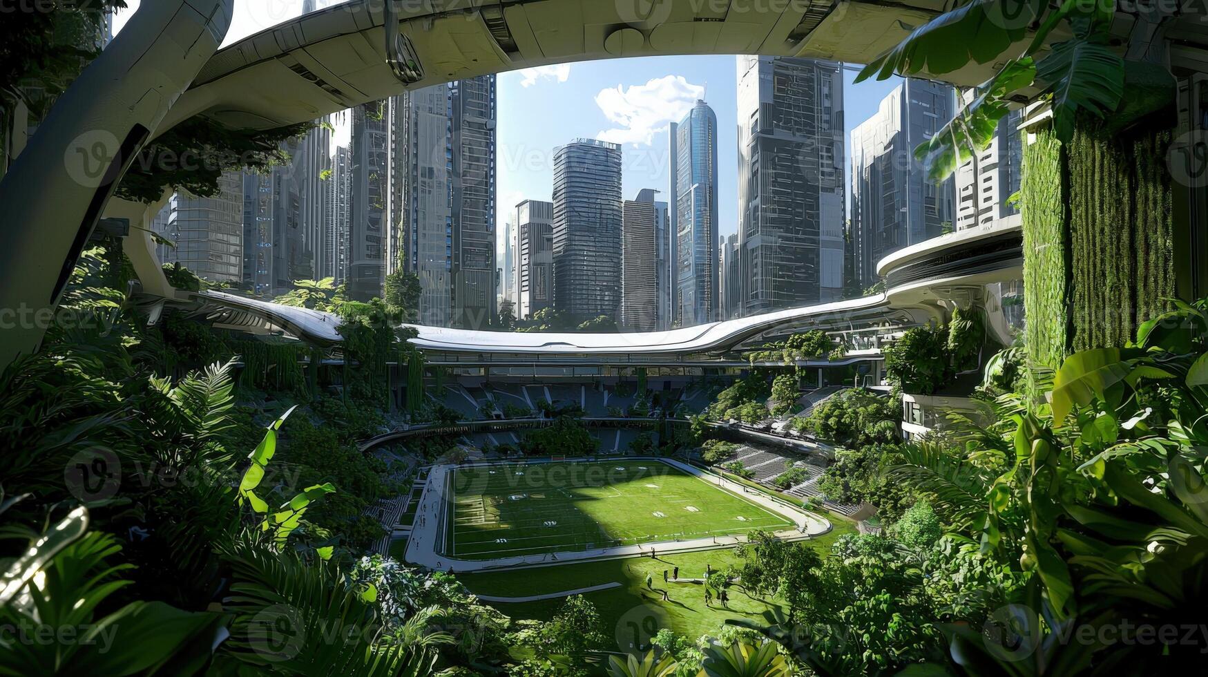 A futuristic stadium with green plants and tall buildings photo