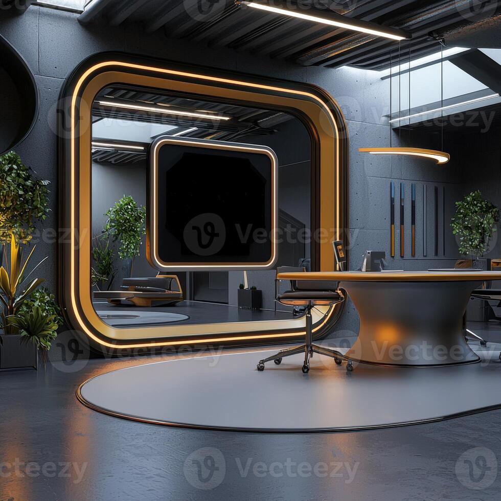 A modern office with a large screen photo