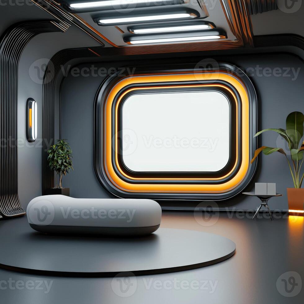 A futuristic room with a large screen and a couch photo