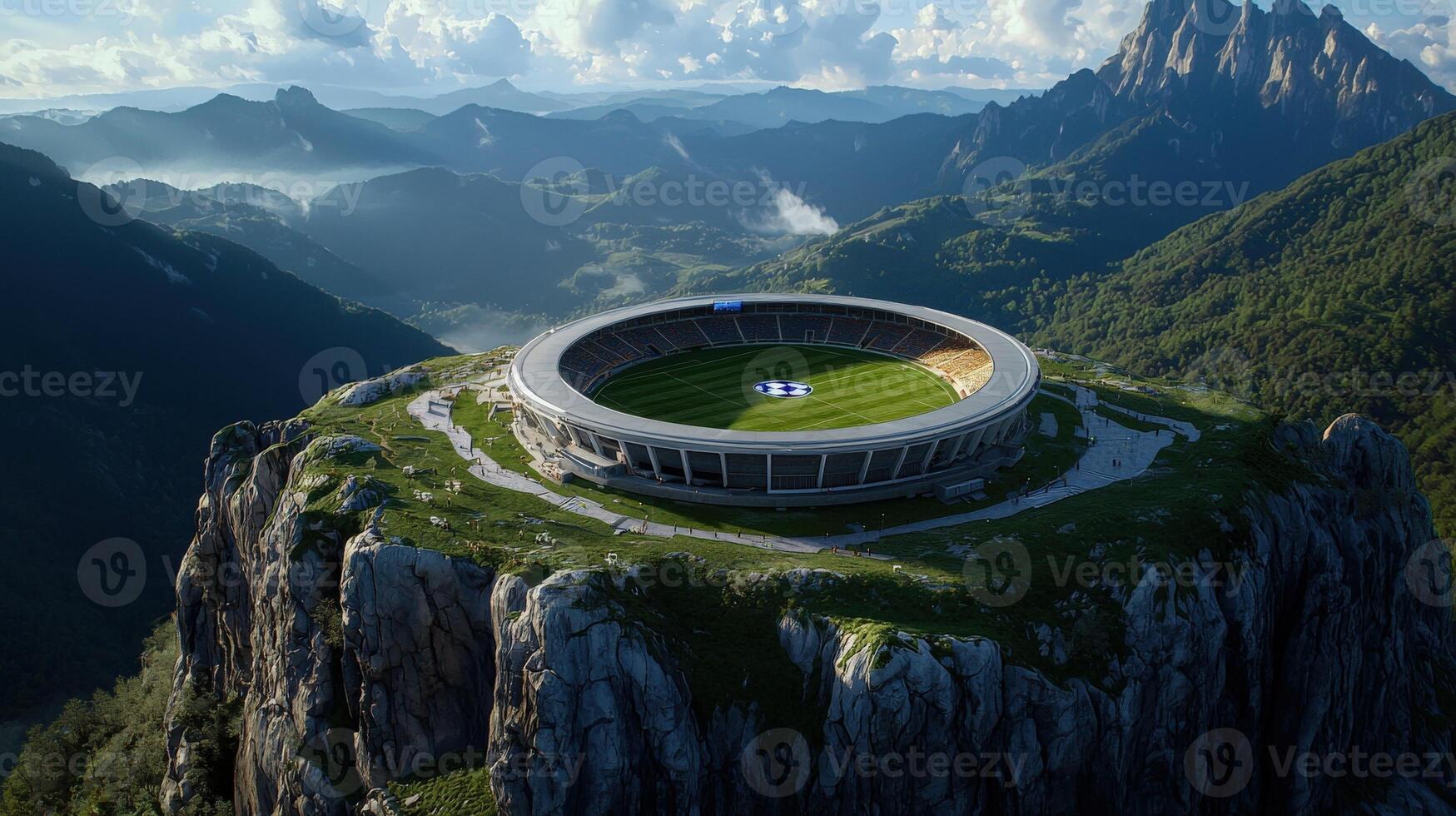 An aerial view of a soccer stadium on top of a mountain photo