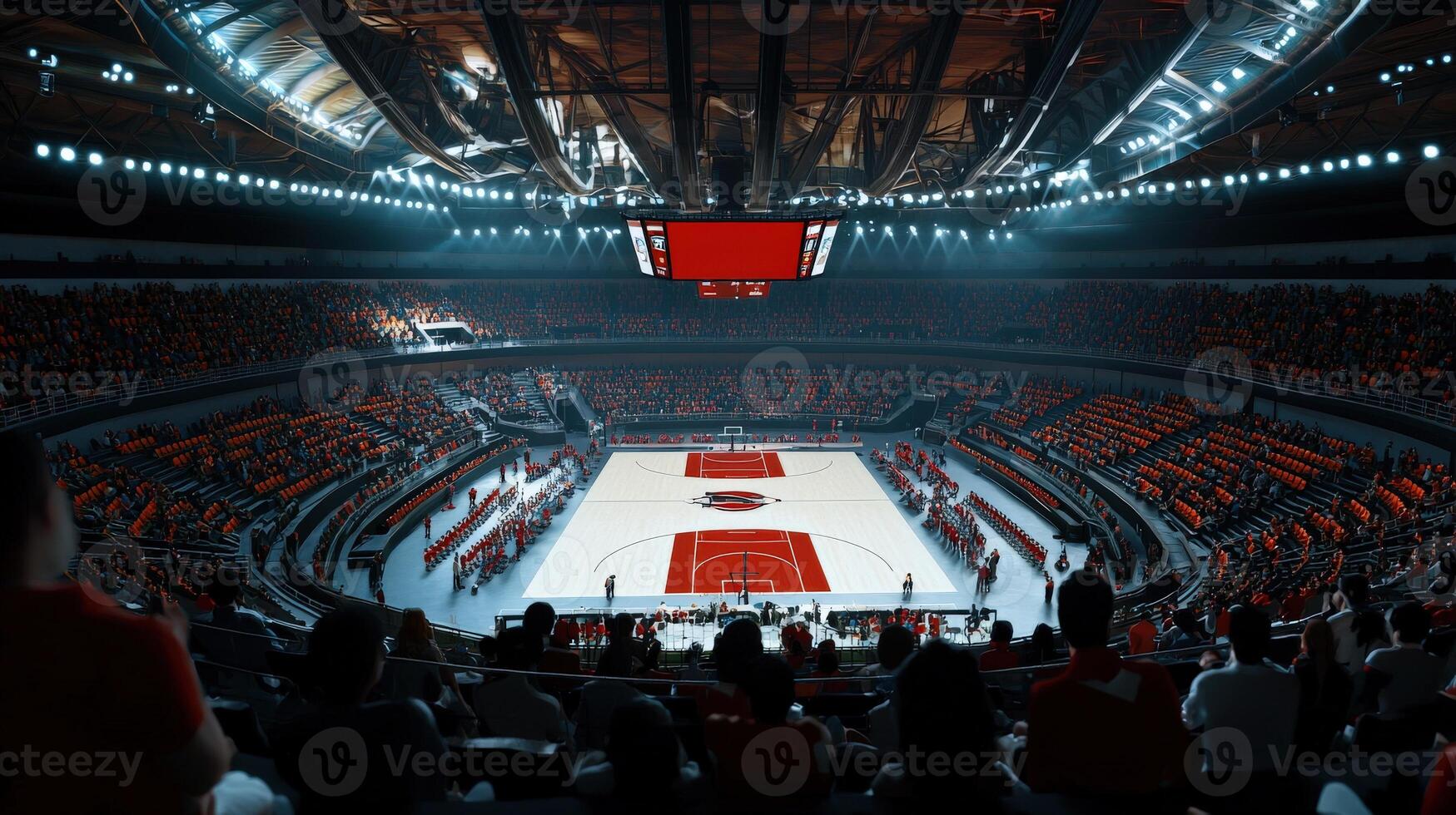 A basketball game is being played in a large arena photo