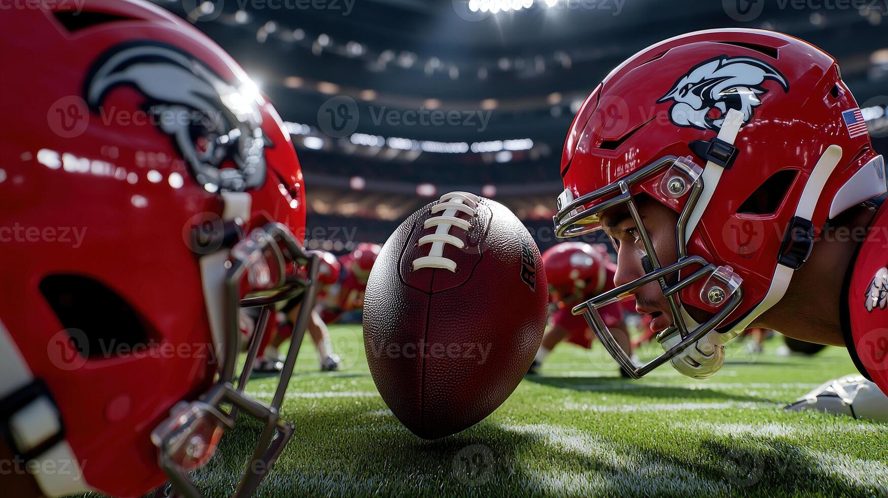 Two football players are standing on the field photo
