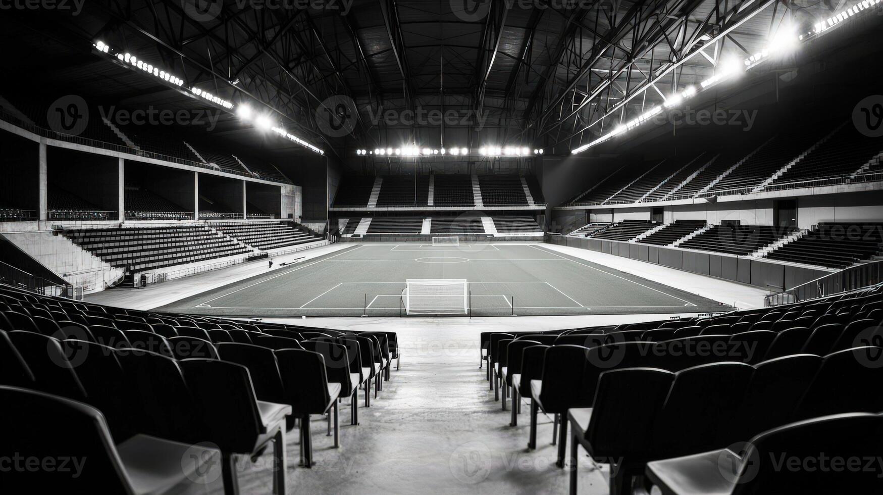 A black and white photo of a soccer field