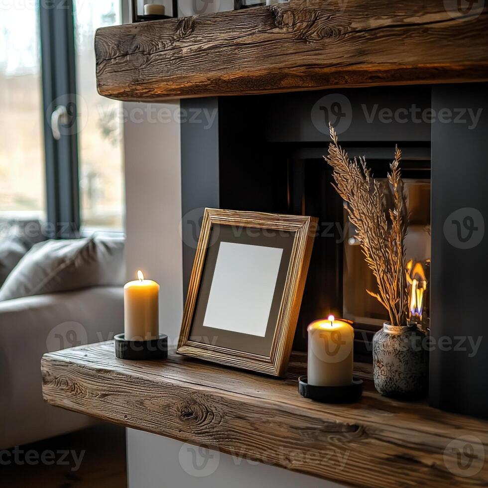A fireplace with a picture frame and candles photo