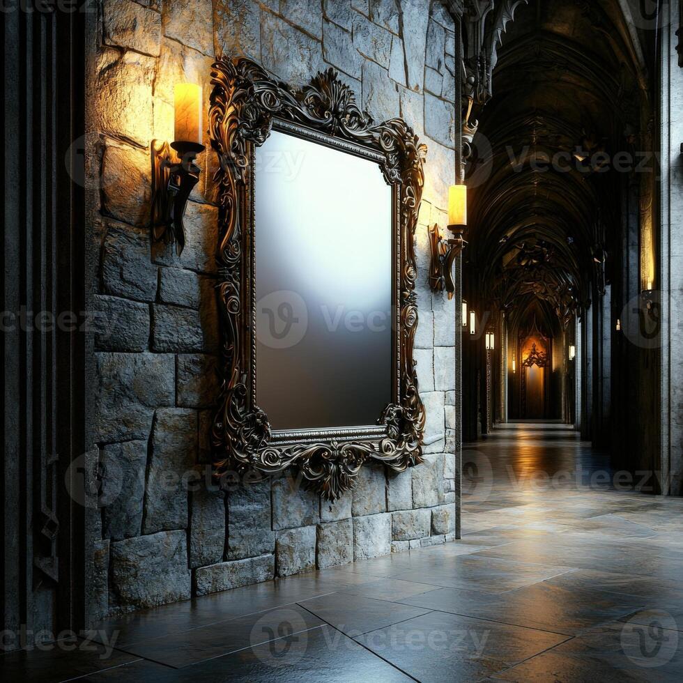 A mirror is hanging on the wall in a hallway photo