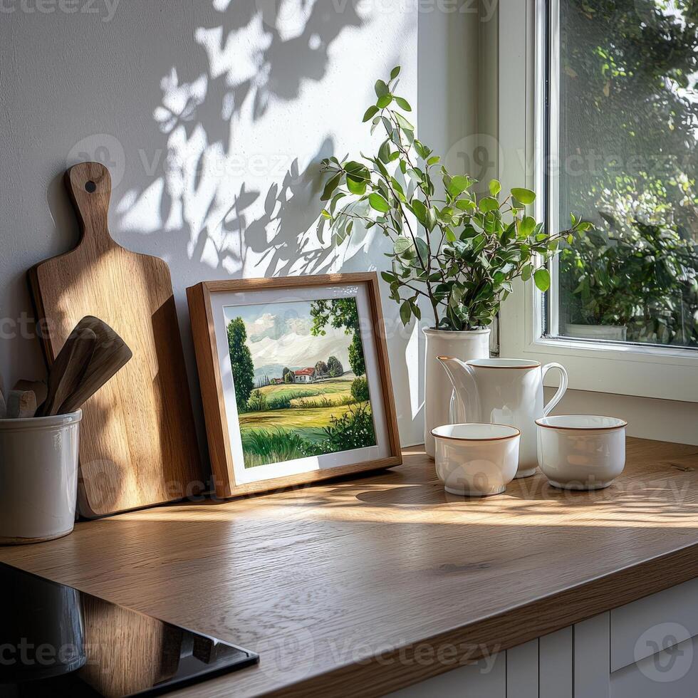 A kitchen counter with a picture of a farm scene photo