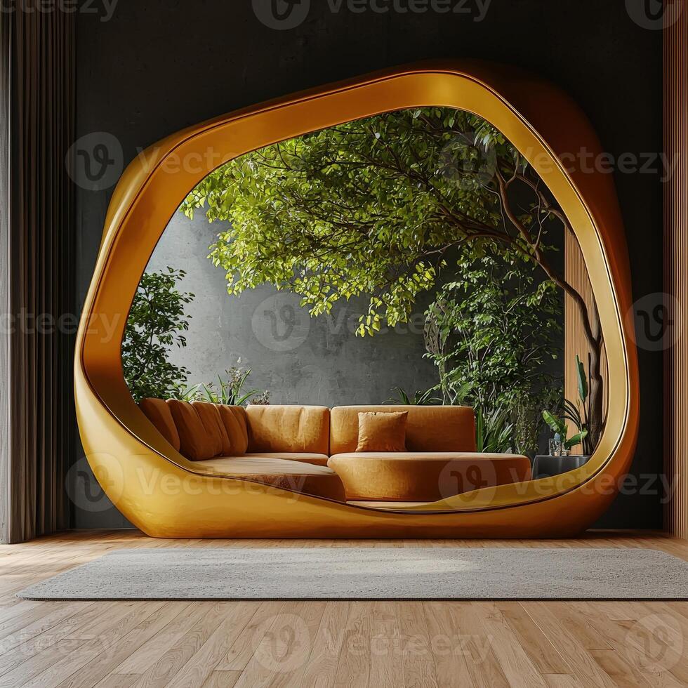 A modern sofa with a large window and a tree photo