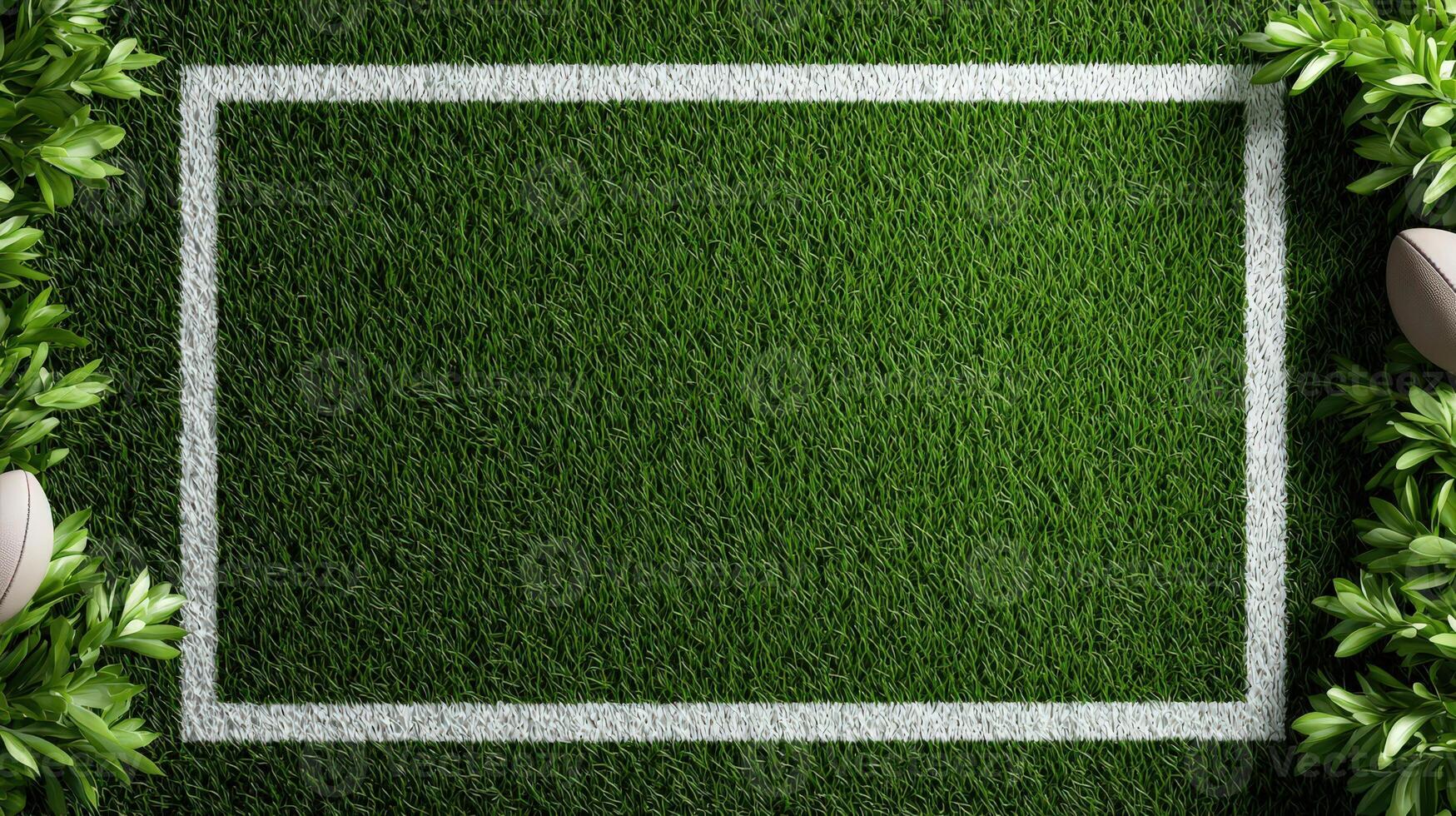 Rugby ball and grass on the field with a square frame photo