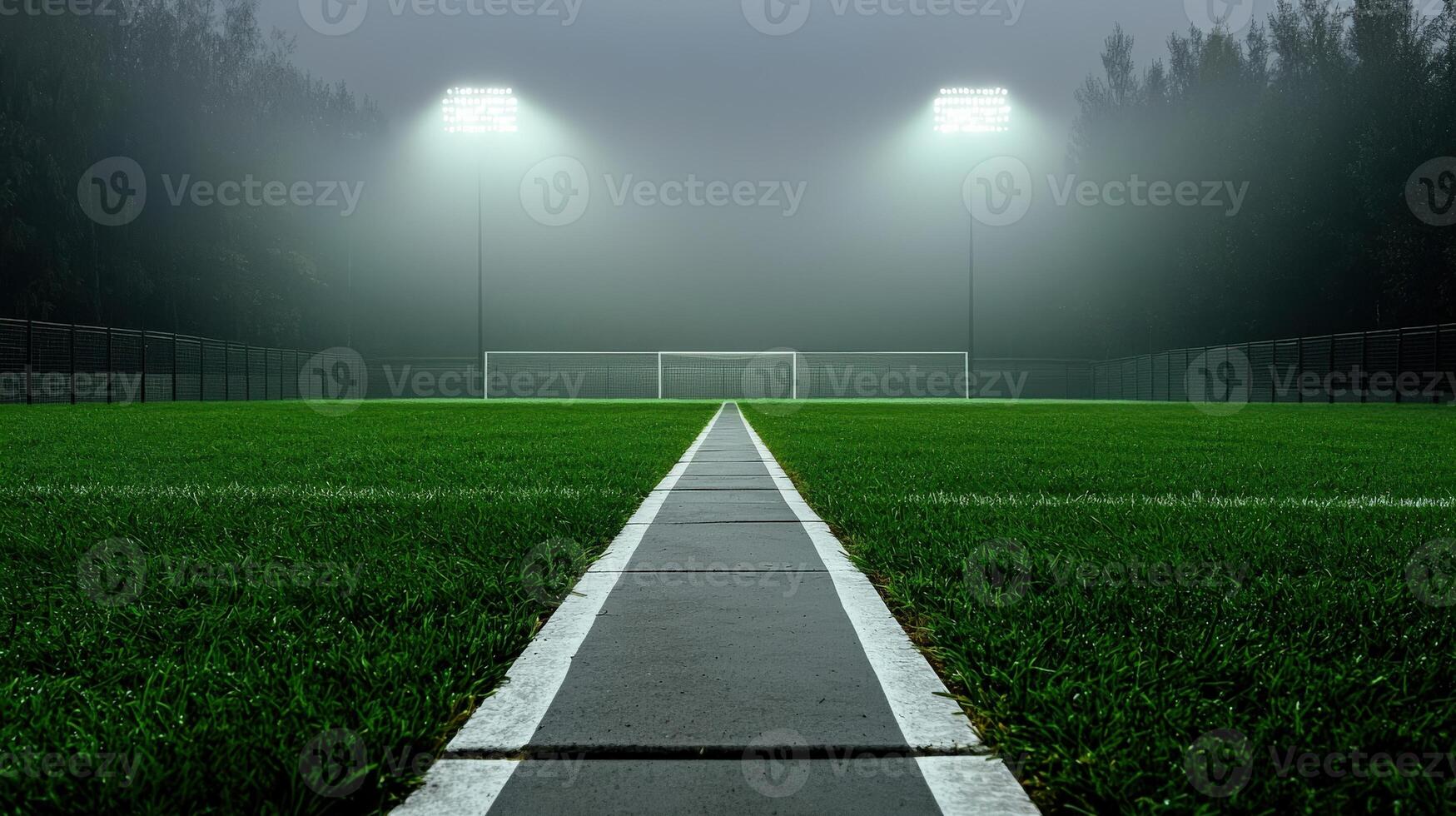 An empty soccer field with a foggy sky photo