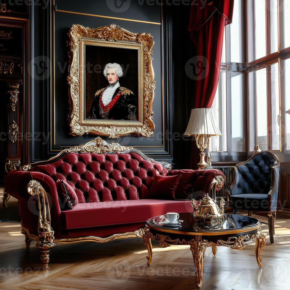 A red couch in a room with gold trim photo