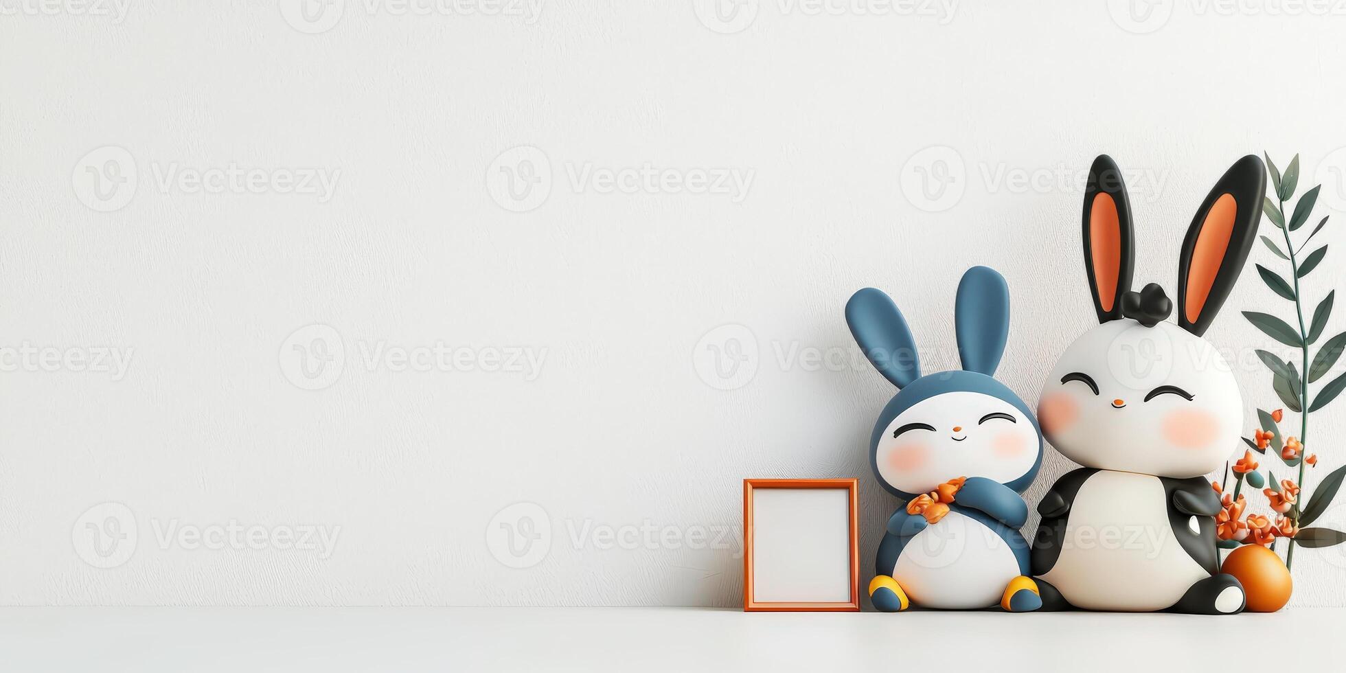 Easter bunny and bunny figurines with flowers on white background 3d render photo