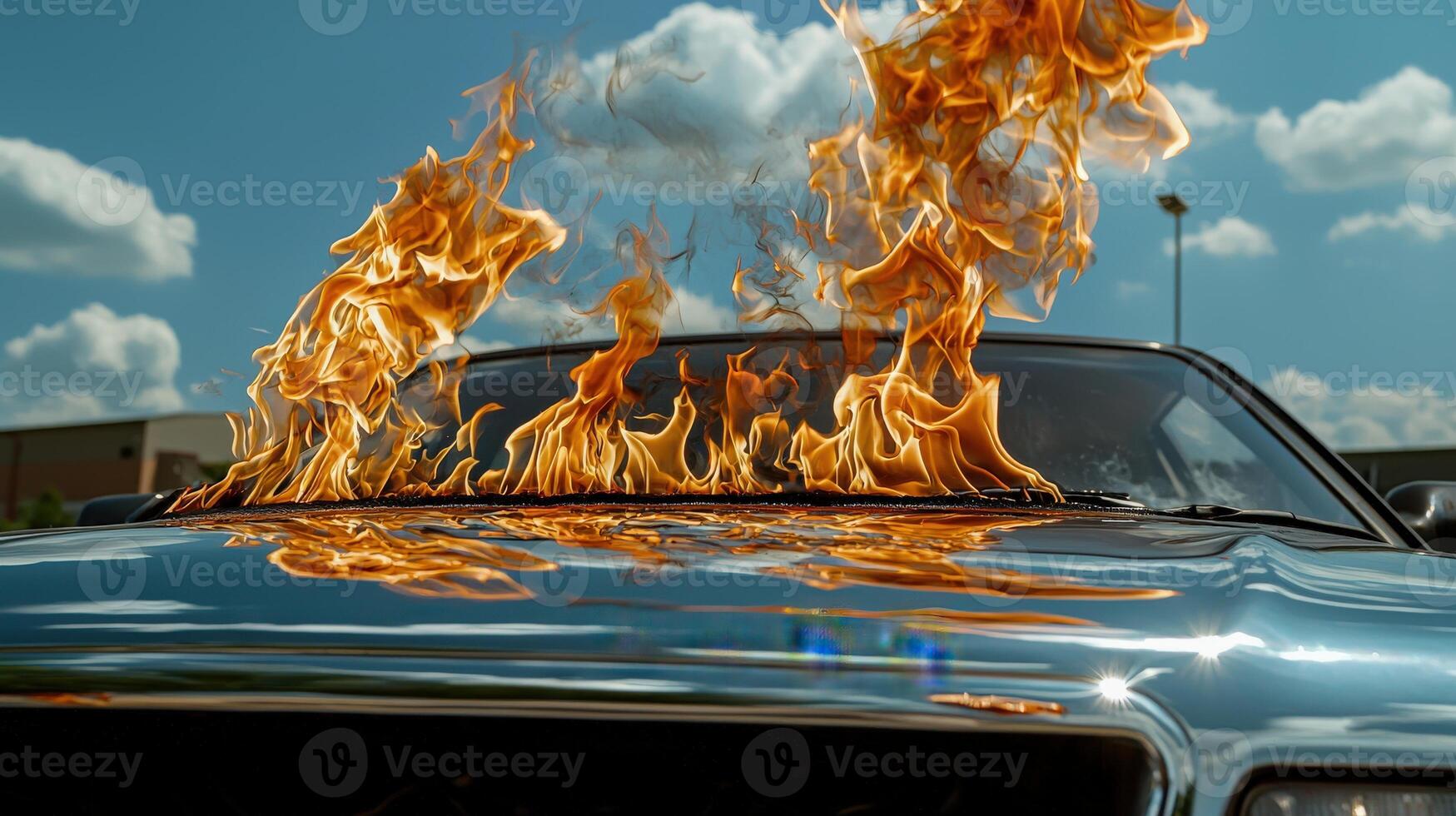 A car with flames coming out of the hood photo