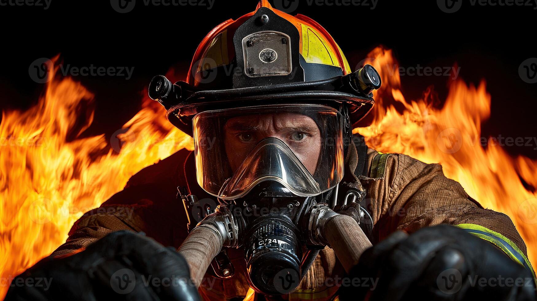 A firefighter in a helmet and protective gear is in front of a fire photo